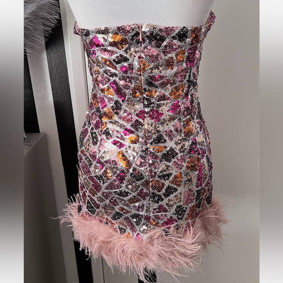 Multi Pink Sequin Geometric Print Mini Dress with Feather Trim - Picture 4 of 4